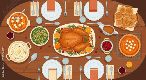 Thanksgiving Day traditional dishes vector illustration. Autumn food recipes.Roast turkey with side dishes top view