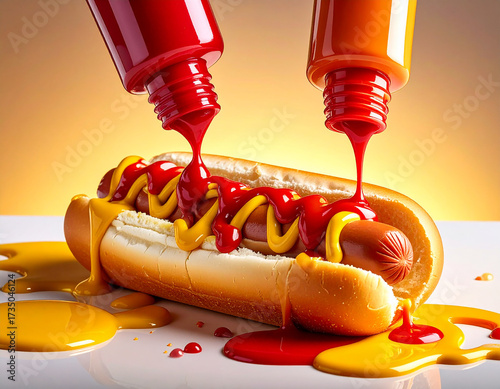 A highly realistic, surreal photograph of a classic hotdog being excessively drenched in streams of thick red and yellow condiments that are pouring from two inverted bottles and dripping down onto a 