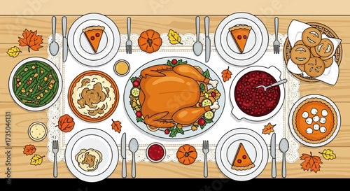 Thanksgiving Day traditional dishes vector illustration. Autumn food recipes.Roast turkey with side dishes top view