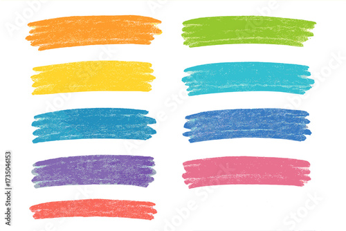 Set of colorful crayon brush strokes. Hand-drawn chalk pastel underline and highlight elements. Rough texture kid's doodle scribble for emphasis, accent, and design. Vector.