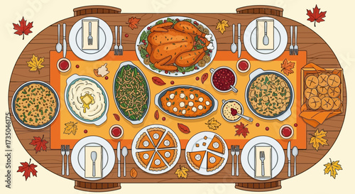 Thanksgiving Day traditional dishes vector illustration. Autumn food recipes.Roast turkey with side dishes top view