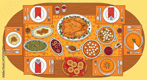 Thanksgiving Day traditional dishes vector illustration. Autumn food recipes.Roast turkey with side dishes top view