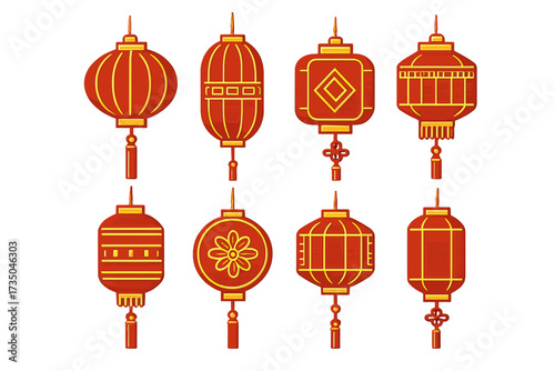 Set of Chinese new year ornate lantern icons. Traditional red and gold paper lamps for Asian holiday festival. Geometric decorative vector illustration for celebration design.
