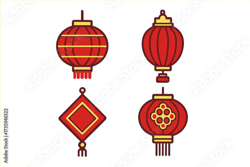 Set of Chinese new year red and gold ornate lantern icons. Geometric decorative vector cartoon illustration. Asian festival celebration symbols for good luck and fortune.