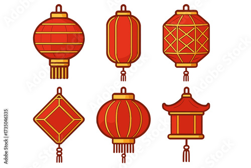 Set of red and gold Chinese lanterns for New Year. Asian festival decoration icons. Ornate, geometric vector illustration isolated on transparent background. Oriental holiday symbol.