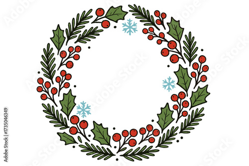 Christmas wreath vector illustration. Hand drawn circle frame with holly, berries, spruce branches, and snowflakes. Festive winter design for holiday greeting cards.