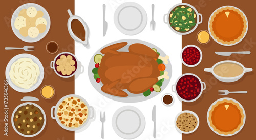 Thanksgiving Day traditional dishes vector illustration. Autumn food recipes.Roast turkey with side dishes top view