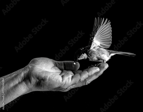 A powerful black-and-white photograph demonstrating trust and delicate interaction, as a tiny bird takes flight while grasping a piece of food from a darkly illuminated, outstretched human hand agains