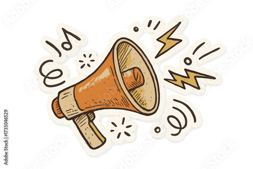 Loudspeaker collage element for message. Vintage cartoon megaphone sticker with doodle sound decor. Torn paper effect for mixed media design. Vector illustration for promotion.