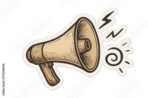 Vintage megaphone illustration. Retro loudspeaker sticker for collage and mixed media. Hand drawn doodle of sound for announcement, alert, news or protest communication.