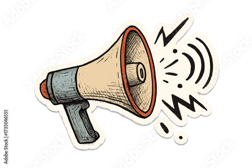 Vintage loudspeaker collage element. Retro megaphone sticker with doodle sound decor. Torn paper effect for mixed media. Announcement, message, news concept vector illustration.