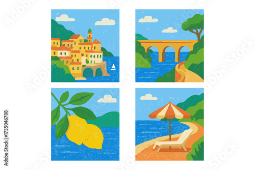 Cute naive Italy Amalfi poster set. Italian dolce vita vector illustration. Summer vacation background card print with lemons, coast, sea, and beach. Textured pencil drawing.