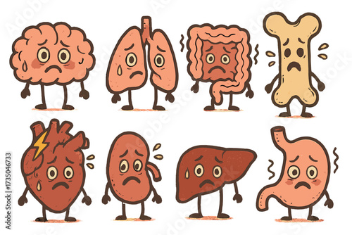 Cute retro style unhealthy sick human organ characters set. Vector mascots of brain, lung, intestine, bone, heart, kidney, liver, stomach. Concept for anatomy and disease.
