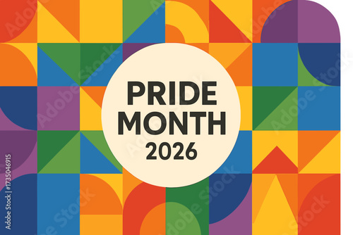 Pride Month 2026 geometric mosaic vector banner. Abstract rainbow flag colors. LGBTQIA+ community celebration background. Love, diversity, equality concept for festival.