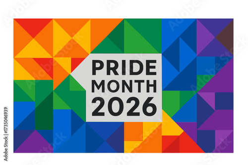 Pride Month 2026 geometric banner with rainbow color mosaic pattern. LGBT community celebration background. Vector for diversity, equality, and love. Abstract illustration.