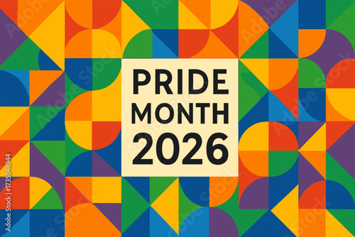 Pride Month 2026 vector banner. Geometric mosaic background in abstract rainbow flag colors. Concept for gay, lesbian, queer community celebration, diversity and equality.