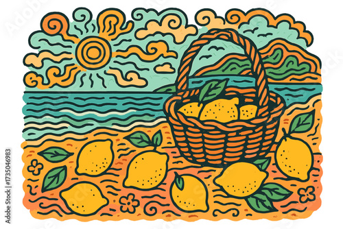 Basket of lemons on a sunny beach. Summer vacation vibes on the Mediterranean coast. Vintage, retro hand-drawn doodle illustration. Fresh citrus fruit harvest picnic concept.