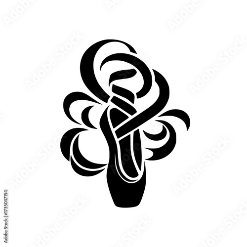 Elegant Pointe Shoe Silhouette Vector Logo with Cascading Ribbon Swirls