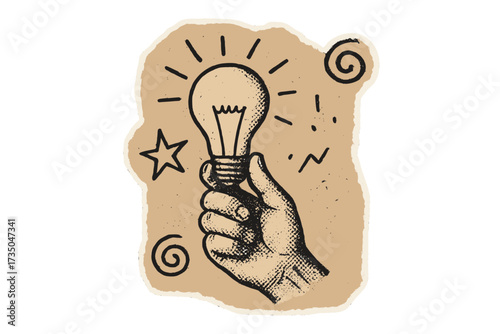 Idea concept with hand holding a light bulb. Symbol for creativity, inspiration, solution, and innovation. Vintage halftone collage illustration on torn paper with doodles.