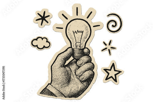 Creative idea concept. Hand holding light bulb. Inspiration, innovation, solution metaphor. Grunge paper cutout collage sticker set. Retro halftone doodle illustration.