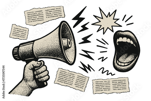 Halftone retro collage with shouting mouth and hand holding loudspeaker. Breaking news, propaganda and protest concept. Torn newspaper clippings and zine culture doodles vector.