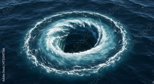 Aerial view of a mesmerizing swirling vortex in the deep blue ocean water