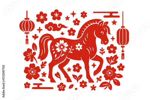 Happy Chinese new year 2026. Year of the horse. Red paper cut horse zodiac sign with flowers and lanterns. Asian lunar new year symbol. Oriental holiday vector illustration.