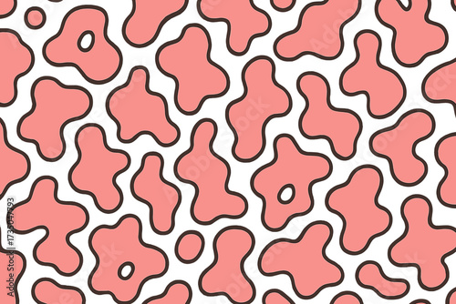 Pink cow spots seamless pattern. 60s retro groovy farm animal abstract background. Wild west dalmatian print. Hand drawn vector contour illustration for fabric or wallpaper.