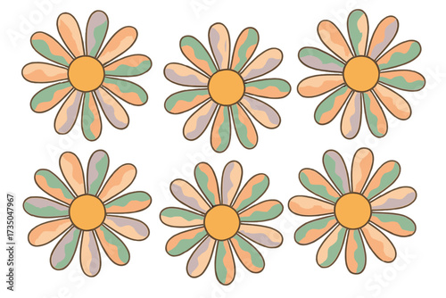 Groovy daisy flowers seamless pattern. Retro 70s floral vector illustration. Hippie style pastel wavy chamomile background. Boho botanical print for textile, card, poster.