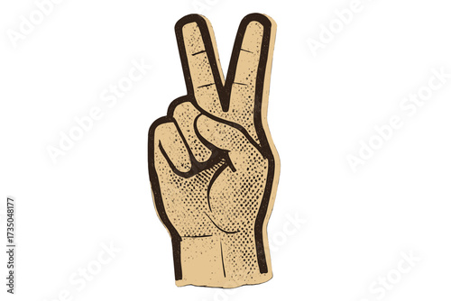 Peace sign hand gesture in vintage halftone paper collage style. Vector illustration of a V-sign for victory or success. Retro pop art design with two fingers up symbol.