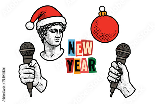 New Year karaoke party sticker set. Christmas collage elements in zine culture style. Halftone hand with microphone, ancient statue in Santa hat, xmas ball, magazine lettering.
