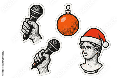 New year karaoke party sticker set. Christmas elements in dotted zine collage style. Halftone hands with microphones, ancient Greek statue in Santa hat, xmas tree ornament.