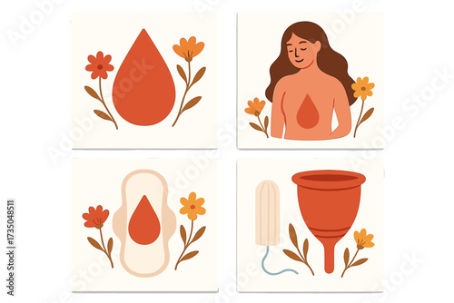 Menstruation period concept vector set. Woman health hygiene. Blood drop, sanitary pad, tampon, reusable menstrual cup. Female reproductive system education flat illustration.