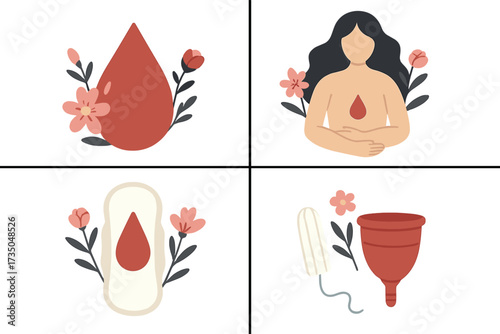 Menstruation period vector icon set. Woman, blood drop, sanitary pad, tampon, and reusable menstrual cup. Feminine hygiene and women's health concept with flowers.
