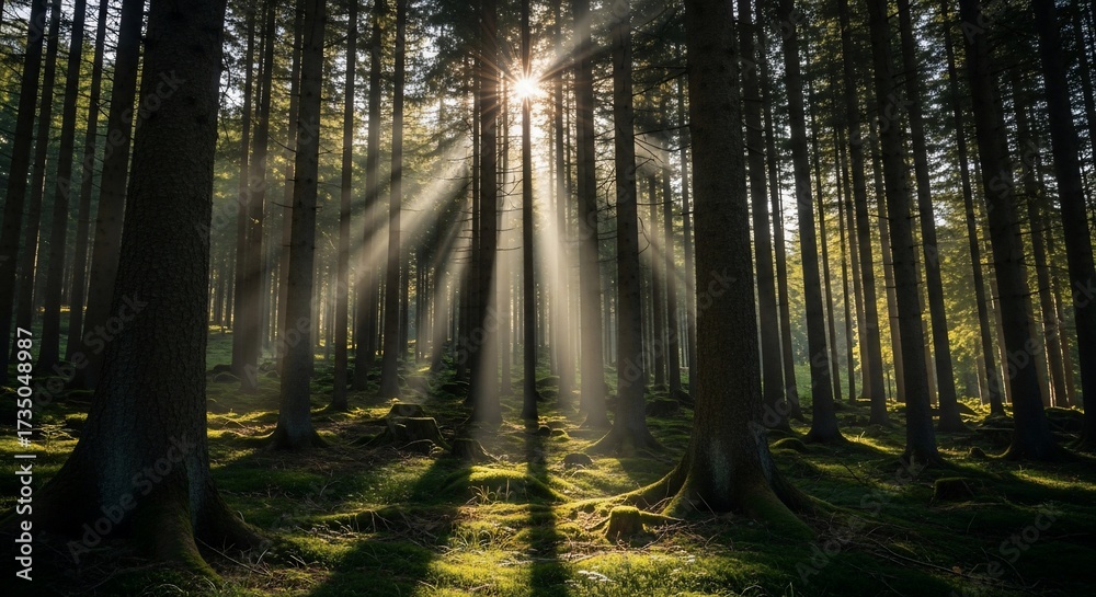 Fototapeta premium Sunburst Through Dense Forest Canopy Illuminating Mossy Ground Cover