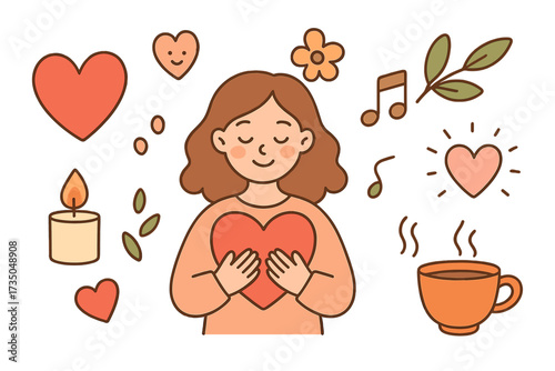 Self care vector icons set. Love yourself, slow life concept. Cute girl hugs heart. Mental health, wellbeing, relax illustration. Sticker pack with candle, music, flower, coffee.