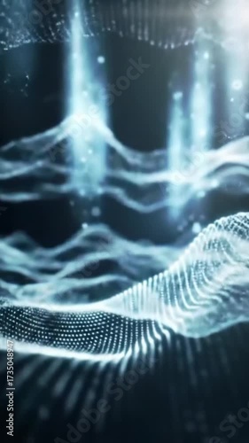 Abstract digital landscape with glowing light beams and particles.