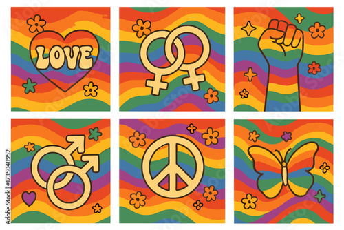 Set of groovy Pride Month cards. Retro 70s LGBTQ social media post collection. Rainbow banners with queer symbols, love, peace sign, gay and lesbian gender icons.