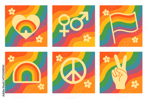 Set of Pride month groovy 70s cards. Collection of retro LGBTQ social media posts. Rainbow flag, heart, peace sign and gender symbols. Queer love and equality concept.