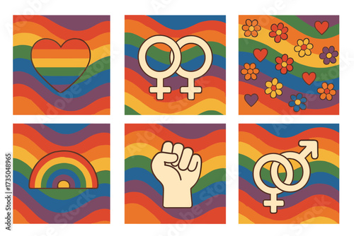Set of 6 Pride month groovy retro cards. LGBTQ+ queer community celebration banners for social media post. Vintage 70s style rainbow background with love, gay, lesbian symbols.
