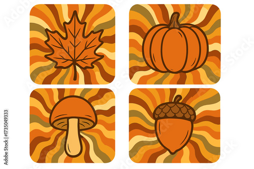 Retro fall season elements set with wavy sun rays backgrounds, warm autumn colors, groovy hippie style, psychedelic 60s 70s design, pumpkin, maple leaf, acorn, mushroom vector