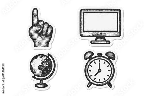 Back to school collage with torn paper stickers including halftone hand pointing, computer monitor, globe, and alarm clock study and education themed vector dotted elements