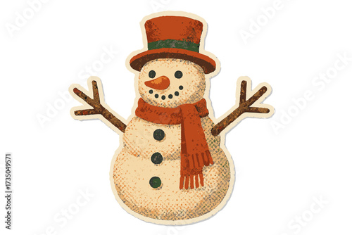 Vintage cartoon snowman with orange scarf and top hat, torn paper sticker style, naive halftone collage, Christmas winter decoration vector illustration, transparent background