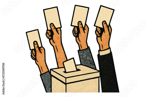 Election voting process illustration with hands raised holding voting cards, bidding concept, retro style collage halftone cartoon vector isolated graphic
