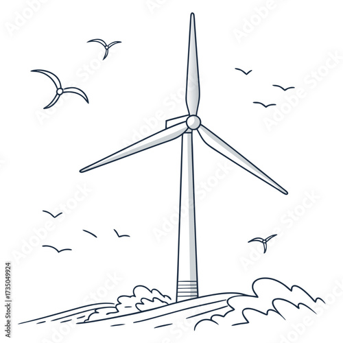 A solitary wind turbine stands tall against a white background with stylized birds flying in the sky and abstract waves at its base