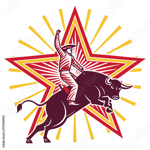 A triumphant rodeo rider on a bucking bull with a stylized starburst in the background