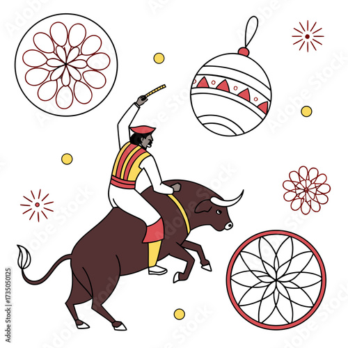 Illustration of a man riding a bull with decorative elements and festive ornaments in a playful style
