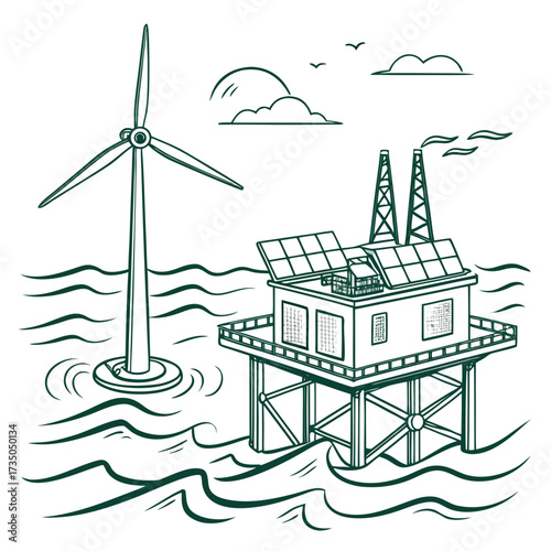 Offshore renewable energy platform with wind turbine and solar panels generating clean power in the ocean