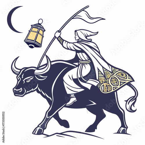 Mysterious hooded figure riding a powerful bull holding a lantern and a banner under a crescent moon