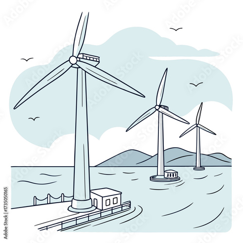 Offshore wind farm with three turbines generating clean energy in the ocean under a cloudy sky with birds flying